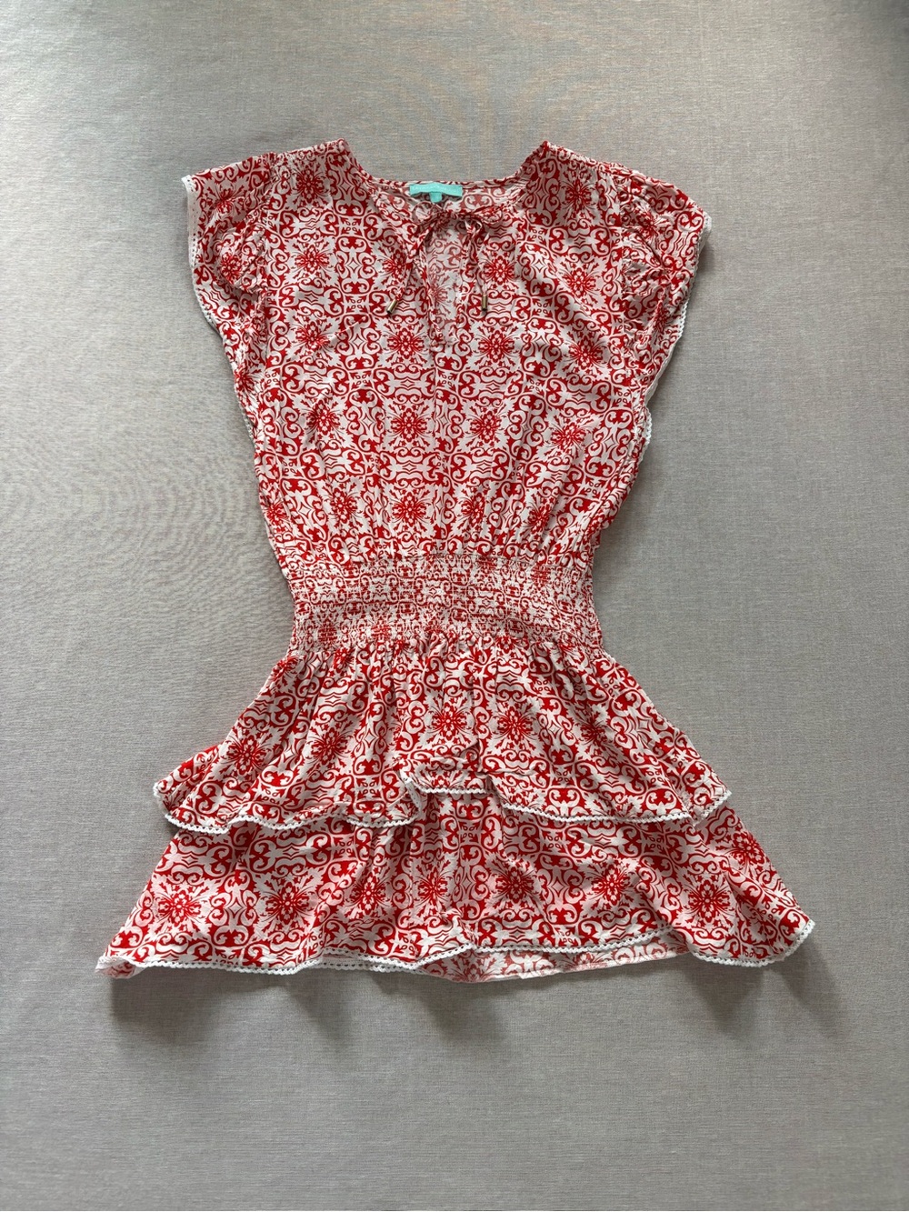 Melissa Odabash red paisley tiered dress.